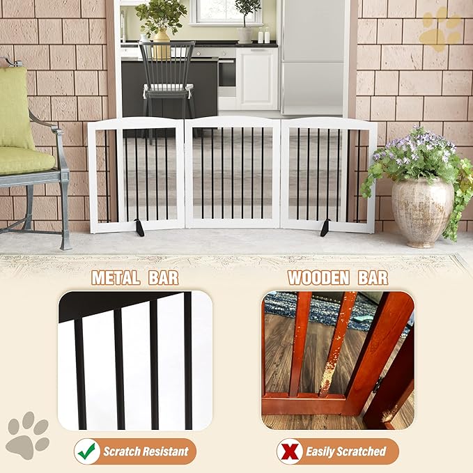 Freestanding Wooden Pet Gate for House, Foldable Indoor Dog Gate for Doorways, Stairs - 24" Height, 3 Panels, White-PurrikoPets