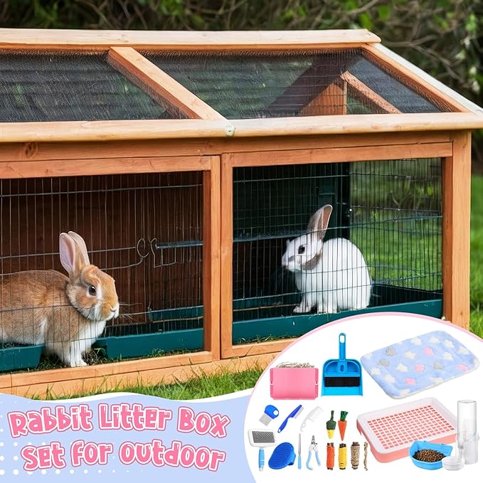 19 Pcs Rabbit Starter Kit Small Bunny Litter Box Rabbit Grooming Kit Water Bottle Bunny Toys Hay Feeder Bowl Blankets with Cleaning Set for Guinea Pig Accessories (Pink-White,Strawberry Bear)-PurrikoPets