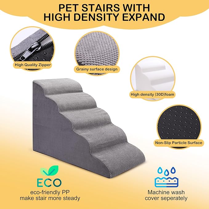 Dog Stairs for Bed and Couch, Non-Slip 5-Step Pet Stairs, 24" High Sofa Foam Dog Ramp - Best for Small Pets, Dogs and Cats with Joint Pain-PurrikoPets