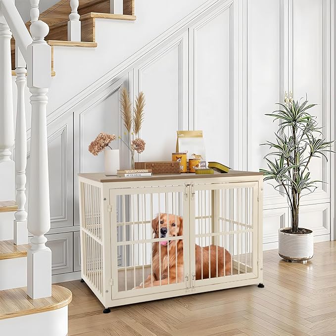 40 Inch Dog Crate Furniture for Large Medium Dogs, Wooden Heavy Duty Dog Kennel with Double Doors, Decorative Pet House Dog Cage Side End Table Indoor, Pet Cage Dog House, Beige-PurrikoPets