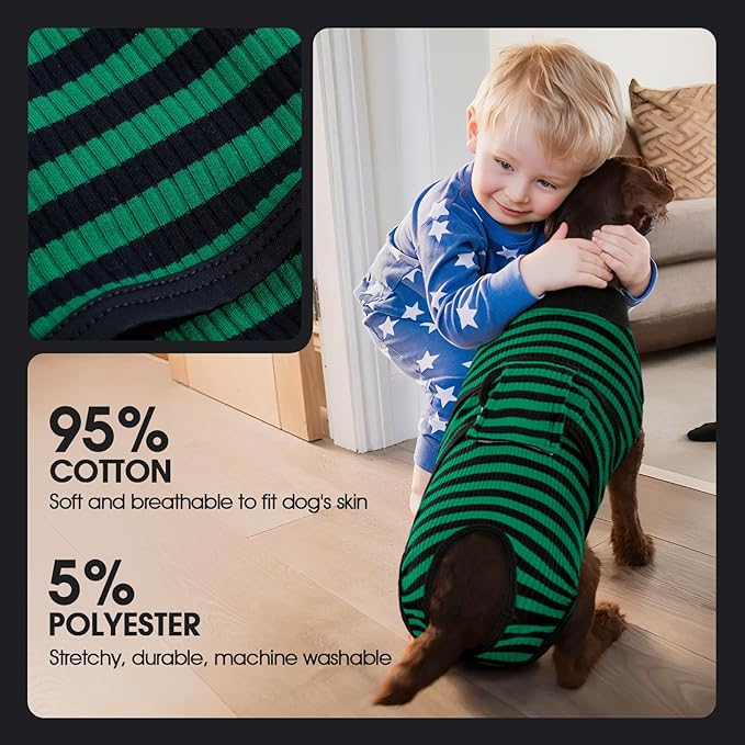 FUAMEY Recovery Suit for Dogs After Surgery,Soft Breathable Dog Bodysuit E-Collar & Cone Alternative Surgical Suit,Male Female Dog Neuter Spay Suits Anti Licking Wounds Onesie Green Black Stripes S-PurrikoPets