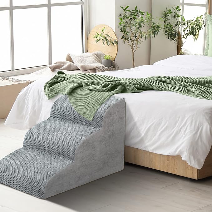 Dog Stairs for Small Dogs - High Density Foam Dog Ramp, Extra Wide Pet Steps with Non-Slip Bottom for High Beds, Couche and Sofa, Best for Dogs Injured, Older Doggy Cats (Grey, 3 Steps)-PurrikoPets