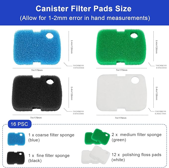 16 PCS Replacement Canister Filter Media Pad Compatible with Penn Plax Cascade 700/1000 CCF2UL/CCF3UL, Aquarium Bio Floss Pads Part, Activated Carbon Sponge Filters Pads for Fish Tank-PurrikoPets