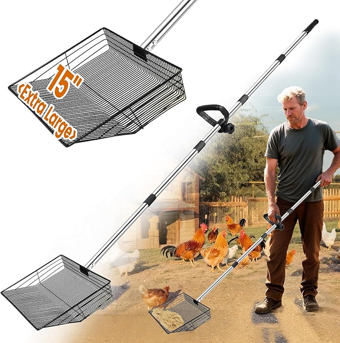 15 inch Extra Large Chicken Poop Scooper with Ergonomic Grip,5-in-1 Heavy Duty Adjustable Coop Scoop for Poop (24 to 68"), Stainless Steel Sifting Litter Shovel Scoop for Chicken Coop-PurrikoPets