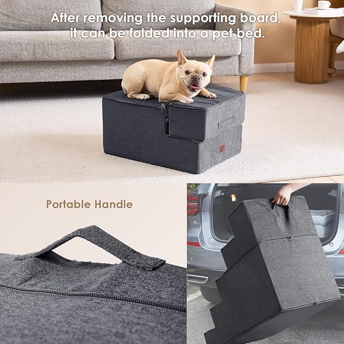 EHEYCIGA Dog Stairs for Small Dogs 16.5" H, 3-Step Extra Wide Dog Steps for Couch Sofa and Chair, Pet Steps for Medium Cats, Non-Slip Balanced Pet Ramp Indoor, Grey-PurrikoPets