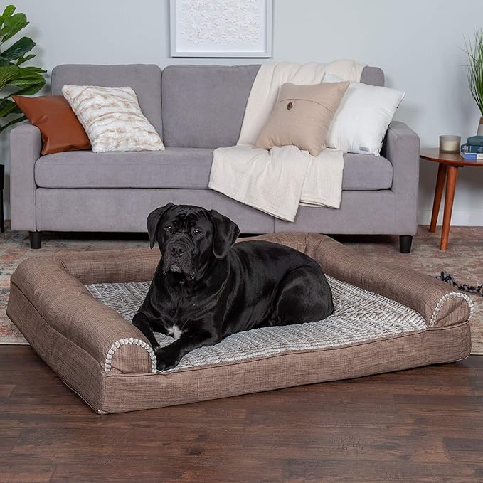 Furhaven Cooling Gel Dog Bed for Large Dogs w/ Removable Bolsters & Washable Cover, For Dogs Up to 125 lbs - Luxe Faux Fur & Performance Linen Sofa - Woodsmoke, Jumbo Plus/XXL-PurrikoPets