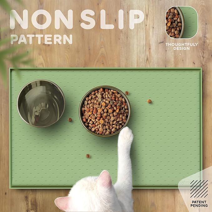 Dog Food Mat - 28x18 Raised Edges Dogs Mat for Food and Water Prevent Spill, Waterproof Cat Food Mats Protect Floors, Easy Clean Dog Bowl Mats for Food and Water, Silicone Pet Feeding Placemats Green-PurrikoPets