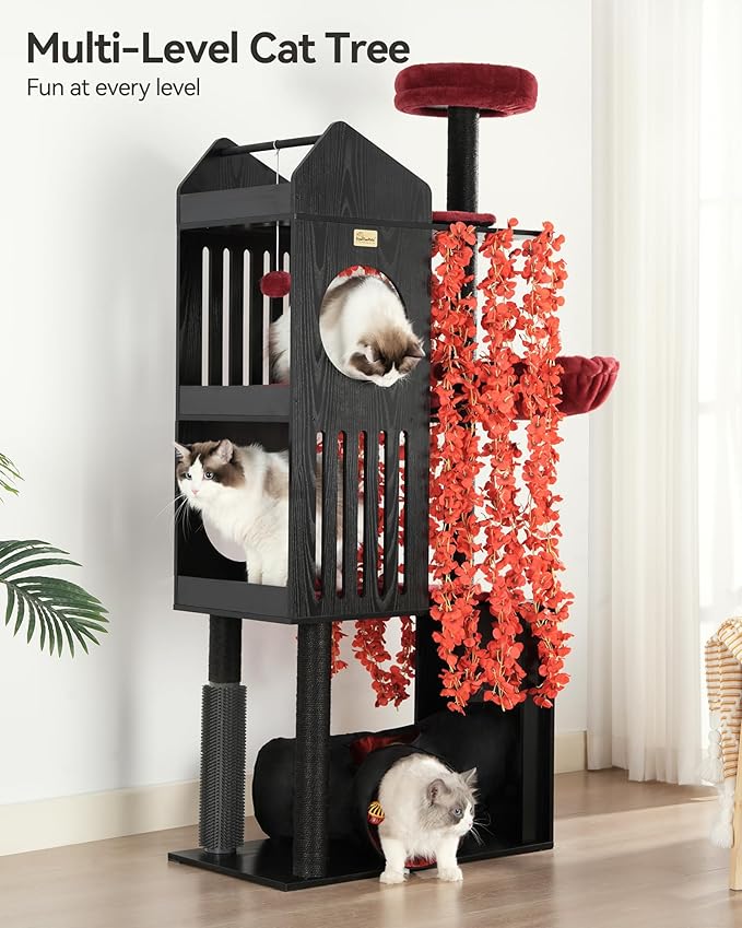 FourFurPets Gothic Cat Tree, 67" Cat Tower for Indoor Cats, Maine Coon Cat Tree for Large Cats 20 lbs+ with Extra-Large Padded Platform, Sisal-Covered Scratching Posts, Comfy Basket, Black & Red-PurrikoPets