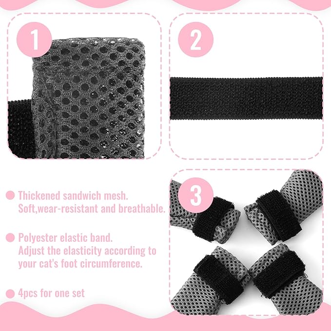 4Pcs Cat Shoes, 3.62×1.57 Inches Anti Scratch Cat Mittens, Breathable Mesh Nail Caps for Cats Claws, Adjustable Cats Claw Covers for Pet Bathing Feeding Cutting Nails(Gray)-PurrikoPets