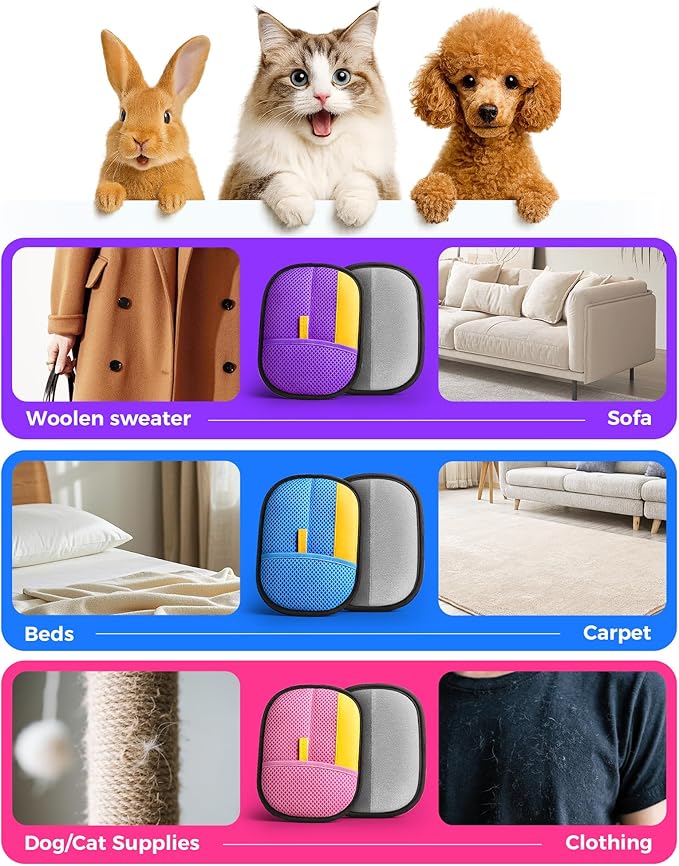 2025 Thickened Electrostatic Pet Hair Removal Gloves (2 Pcs) - Reusable Strong Grooming Gloves for Cats & Dogs, Hair Remover for Couch, Furniture, Carpet, Car Seats & Clothing (Purple)-PurrikoPets