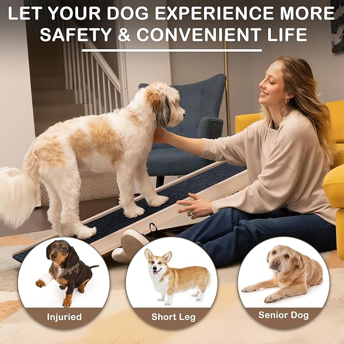 Folding Dog Ramp Safety for Bed, Wooden 5 Adjustable Height Pet Ramps, Potable Dog Steps with Non-Slip Traction Mat, Dog Step, Dogs Stairs for SUV Car, Couch, Safe,Height Bed(47.3 Inch Long)-PurrikoPets