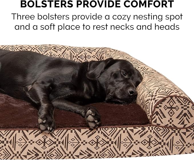 Furhaven Orthopedic Dog Bed for Large/Medium Dogs w/ Removable Bolsters & Washable Cover, For Dogs Up to 55 lbs - Plush & Southwest Kilim Woven Decor Sofa - Desert Brown, Large-PurrikoPets