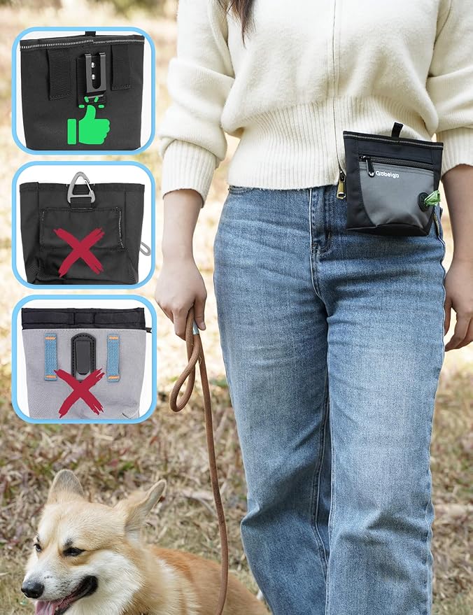 Gobeigo Dog Treat Pouch and Training Clicker, Upgrade Two Magnetic Closure to Prevent Spills, 2 Cup Treat Bag with Poop Bag Dispenser, Metal Clip Waist Belt Fanny Pack for Pet Walking (Black/Gray)-PurrikoPets