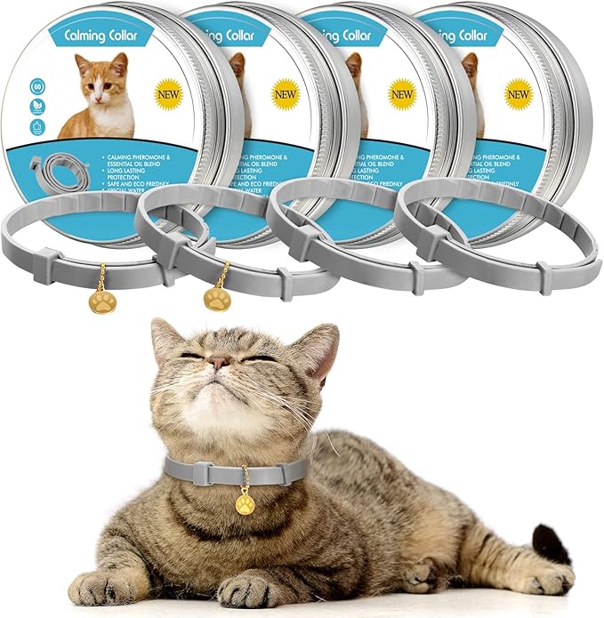 4 Pcs Cat Calming Collar Adjustable Lavender Scent Relaxing Cat Collar with 2 Pendant for Puppies Reduce Stress Aggression Anxious, up to 15 Inches(Grey, Silver)-PurrikoPets