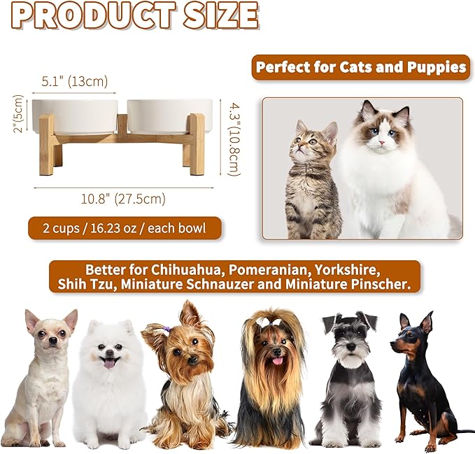 Elevated Ceramic Dog Bowl Set - Raised Feeding Bowls with Non-Slip Bamboo Stand - Small Pet Dishes for Food and Water - Ideal for Cats and Puppies - 16.23 OZ - 2 Cups - 480 ML-PurrikoPets