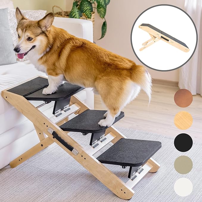 Dog Steps for Bed & Couch 2-in-1 Dog Stairs/Ramp - Height Adjustable Dog Ramp for Couch 7” - 20” - Pet Stairs, Dog Stairs for Small Dogs - Easy to Move Pet Steps with Landing Platform, Natural-PurrikoPets