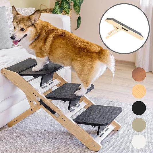 Dog Steps for Bed & Couch 2-in-1 Dog Stairs/Ramp - Height Adjustable Dog Ramp for Couch 7” - 20” - Pet Stairs, Dog Stairs for Small Dogs - Easy to Move Pet Steps with Landing Platform, Natural-PurrikoPets