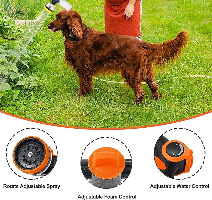 Dog Washing Hose Attachment, 10-in-1 Soap Sprayer Moden Garden Hose Nozzle with 100cc Soap Dispenser, Dog Wash Supplies with Dog Bath Brush & Pet Comb, Foam Gun Car Wash Sprayer (Orange)-PurrikoPets