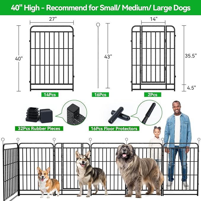 Dog Playpen Outdoor 16 Panels Heavy Duty Dog Fence 40" Height with Thick Pipe Anti-Rust with Doors Portable for RV Camping Yard, Total 36FT, 103 Sq.ft, Snowy Black-PurrikoPets