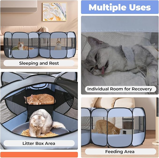 2-in-1 XLarge Pop Up Dog Playpen, Cat Puppy Pet Playpen, Indoor Outdoor Cats Enclosed, Cat Tent Crate Cage Kennel, Portable Playpen for Kitten and Small Animals(No Divider, Unified Space)-PurrikoPets