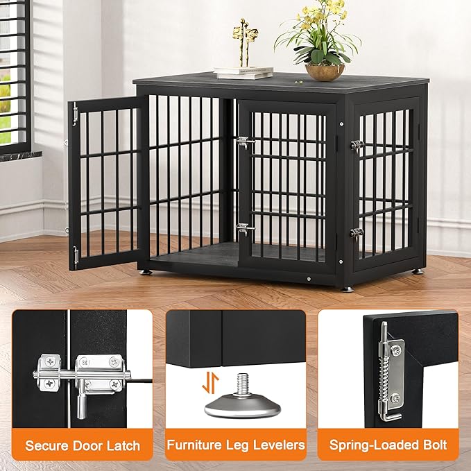 32 Inch Heavy Duty Dog Crate Furniture for Medium and Small Dogs, Decorative Pet House End Table, Wooden Cage Kennel Furniture Indoor, Gray-PurrikoPets