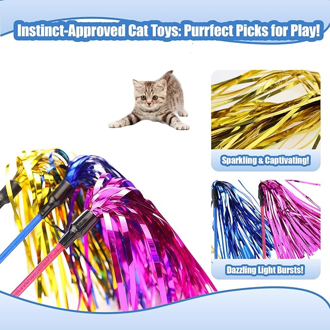 ADUCK Interactive Cat Teaser Wand Toy with Tassels - Durable Cat Chaser for Indoor Kitten Exercise, Boredom Relief & Training Play, Pack of 3 (Gold, Blue, Pink)-PurrikoPets