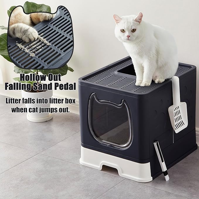 Gefryco Litter Box with Lid for Small to Medium Cats, Enclosed Cat Litter Box with Cover，High Sided Top Entry Cat Box with Brush and Scoop, Cute Kitty Litter Pan with Drawer for Growing Kitten(Black)-PurrikoPets