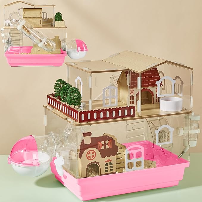 12 in 1 Clear Acrylic Hamster Cage with All Accessories,13.5''L*10''W*15''H Dwarf Hamster Cage,Magnetic Connection Small Hamster Enclosure,Wooden Mouse Cage for Pet Mice(2-Layer,Pink) Install Required-PurrikoPets