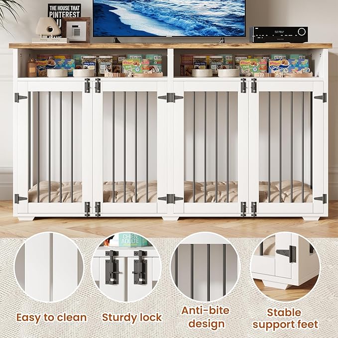 63'' Dog Crate Furniture for 2 Dogs, Wooden Dog Cage with Storage Compartment, Indoor Dog Kennel with 4 Doors for Large/Medium Dogs, White-PurrikoPets