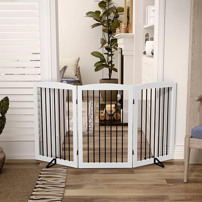 Freestanding Pet Gate for Dogs, Foldable Wooden Dog Gate for House Indoor, Tall Pet Fence for Stair, Doorway,Hall, Support Feet Included, 3 Panels 32",White-PurrikoPets