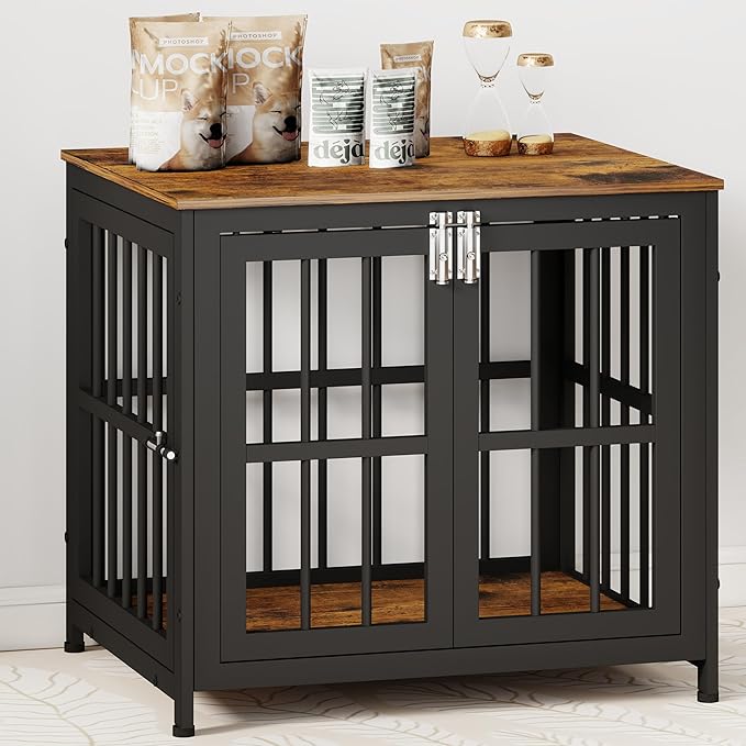 26 Inch Heavy Duty Wooden Dog Kennel End Table with Double Door Design and Secure Locks, Indoor Pet Crate Furniture for Small Dogs, Decorative Home Cage Design,Aged Black-PurrikoPets