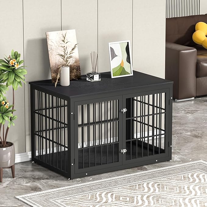 48 Inch Heavy Duty Dog Crate Furniture for Large Dogs, Decorative Pet House End Table, Extra Large Wooden Cage Kennel Furniture Indoor, Black-PurrikoPets