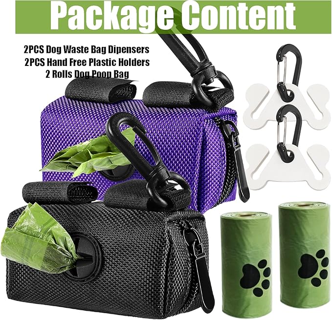 2Packs Dog Waste Bag Dispenser Pet Poop Bags Holder for Doggie Waste Bags Dispensers Soft Fabric Zipper Small Doggy Puppy Pouch for Leash Accessory Attachment with Carrier (Black & Purple)-PurrikoPets