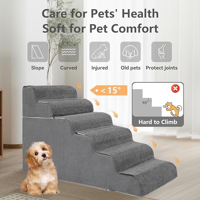 ABORON 𝟲 𝗦𝘁𝗲𝗽𝘀 Dog Steps for High Bed, 26 Inch High Dog Stairs for Small Dogs, Waterproof Pet Stairs for Small Old Large Dogs and Cats with Removable Cover & PE Support Board for Bed/Car/Couch-PurrikoPets