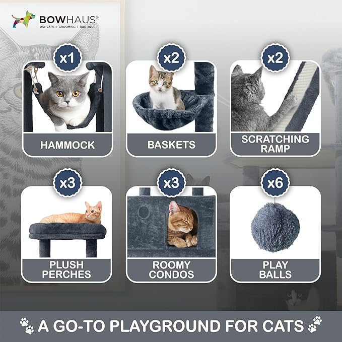 Extra Large 80-Inch Tall Cat Tree w/Widened Perch for Large Cats, Big Cat Tower Indoor, Modern Multi-Level Activity Tower with Scratching Posts, Condos, Baskets, Hammock, Scratching Ramps-PurrikoPets