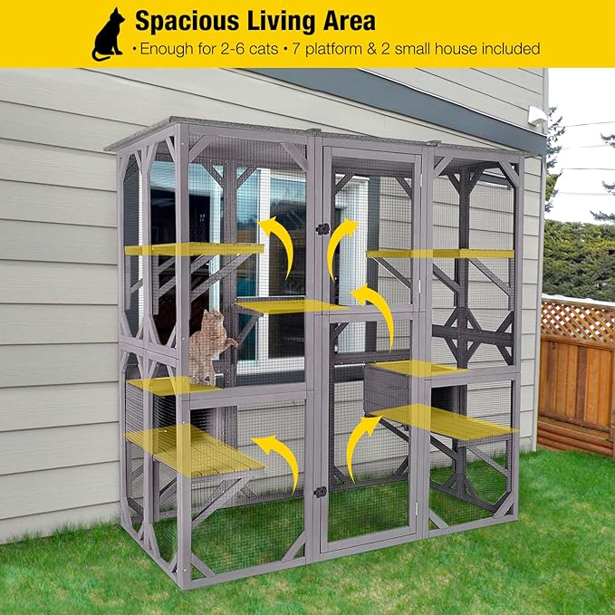 Aivituvin Catio Outdoor Cat Enclosure Large Walk in Cat Kennel Kitten Cage with Platforms and Small Houses-PurrikoPets