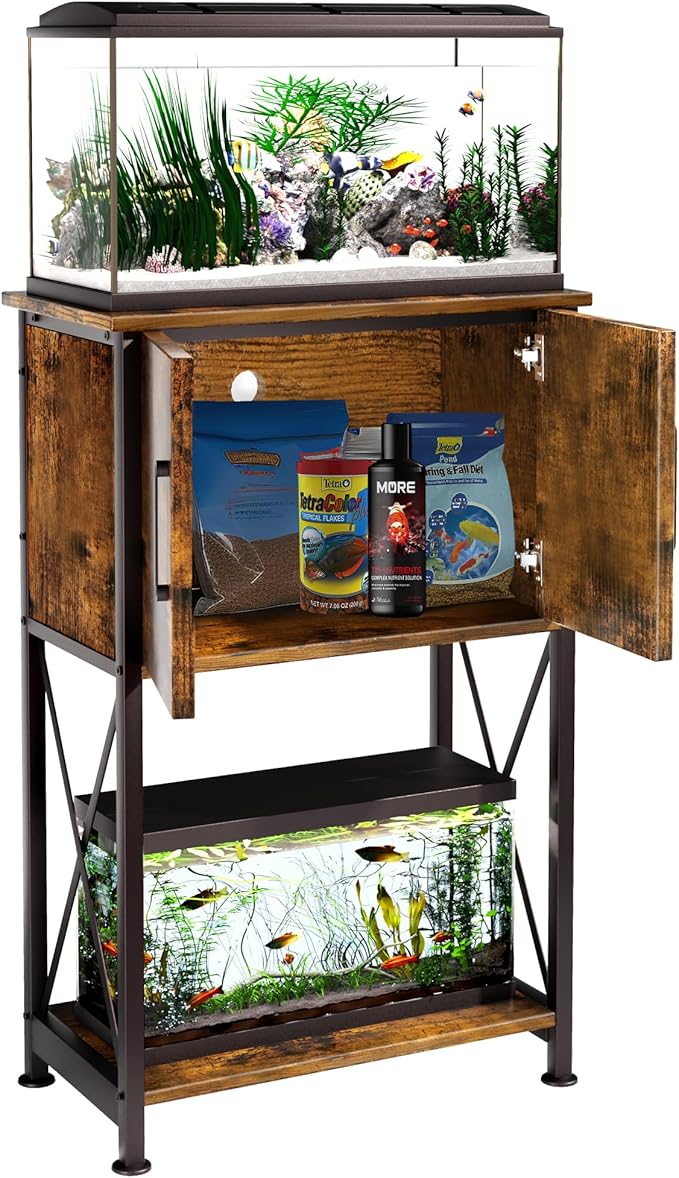 5-10 Gallon Fish Tank Stand, Metal Double Aquarium Stand with Cabinet for Fish Tank Accessories Storage, Heavy Duty 20.5" L* 11.02" W Tabletop, 500LBS Capacity Rustic Brown and Black PG06YGN-PurrikoPets