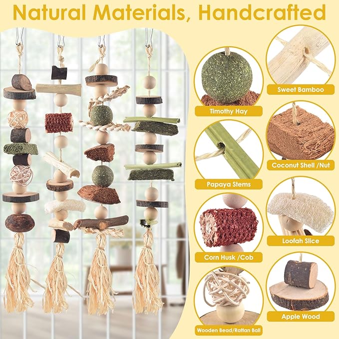 4 Pcs Bunny Chew Toys for Teeth, Hanging Rabbit Chewing Toy Treats with Timothy Grass & Natural Apple Wood, Improve Small Rodent Dental Health for Guinea Pig Hamster Chinchilla Rat Gerbil-PurrikoPets