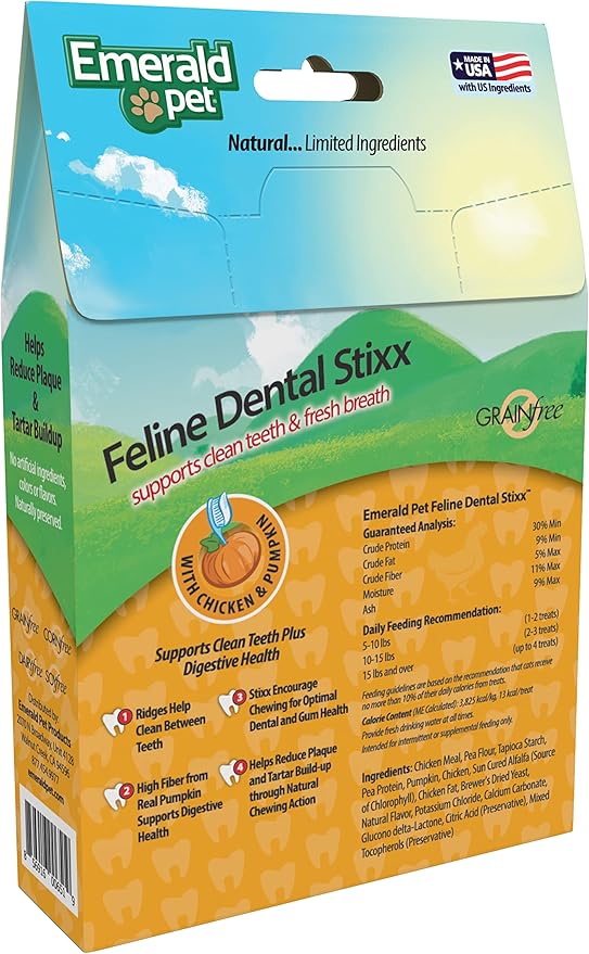 Emerald Pet Feline Dental Stixx — Tasty and Crunchy Cat Dental Sticks with Pumpkin for Digestive Health — Natural Grain Free Dental Treats for Clean Cat Teeth and Fresh Breath — Chicken Stixx, 3.6 oz-PurrikoPets