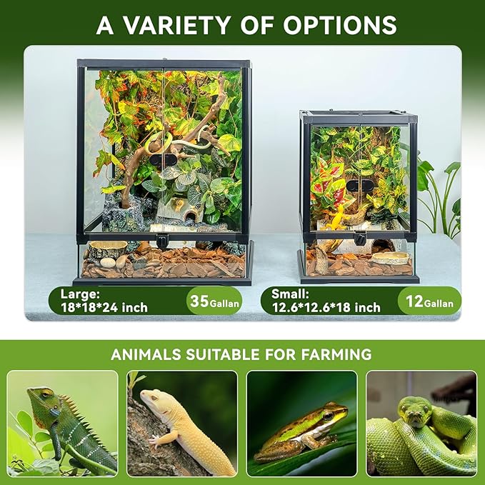 24x18x18'' 35 Gallon Glass Reptile Tank Front Opening Terrarium Suitable for Leopard Geckos, Snakes, Tree Frogs, Chameleons,Watertight Base, Ventilated Metal Mesh Top, Pre-Drilled Cable Holes-PurrikoPets