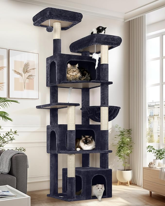 Globlazer Sturdy Cat Tree for Large Cats, 77 inch Large Cat Climbing Tower for Indoor Adult Cats, Cat Scratching Tower with 5 Scratching Posts, 3 Cat Condos, 2 Top Perches, S77, Dark Grey-PurrikoPets