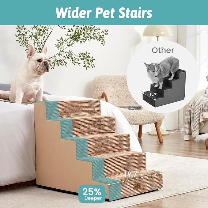 Dog Stairs for Small Dogs, 5 Tier Removable Wider Pet Stairs for Couch and Bed, 23.6" H Non-Slip Dog Steps for Puppies and Old Cats with Support Board, 29.5x19.7x23.6 inch, Light Brown-PurrikoPets