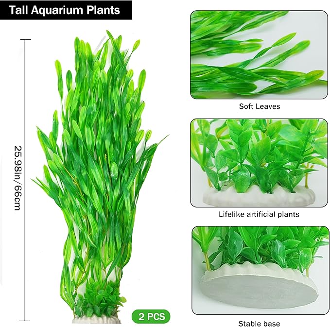 25.98 Inch Tall Aquarium Plants – Large Lifelike Artificial Fish Tank Decorations, 2 Pcs Fish Tank Plants Plastic，Durable & Safe for Freshwater/Saltwater Aquariums (Green (Style B))-PurrikoPets