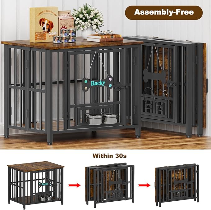 Easycom 31" Dog Crate Furniture Foldable, No Assembly Decorative Dog Kennel Indoor, Dog Crates for Small Dogs (20-40 lbs), Wooden Dog Cage with Adjustable Bowls and Name Tag, End Table, Rustic Brown-PurrikoPets