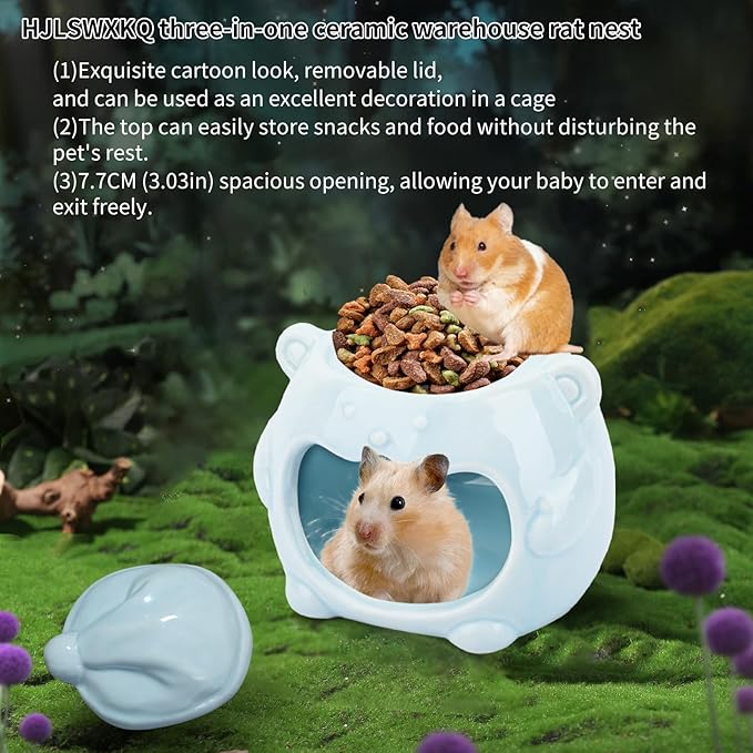 3-in-1 Bear Shaped Ceramic Hamster House - Cool House for Syrian Dwarf Hamsters, Mice, Gerbils， Small Pets, Top for Hamster Food, Removable Lid for Ice Packs, Cute Cool Hideout for Summer（Blue）-PurrikoPets