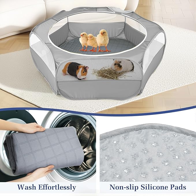 2-in-1 Small Animals Playpen with Pad, Waterproof Small Pet Cage Tent with Reusable Pad, Portable Outdoor Yard Fence with 3 Metal Rod for Chick/Kitten/Puppy/Guinea Pig/Rabbits/Chinchillas, Gray-PurrikoPets