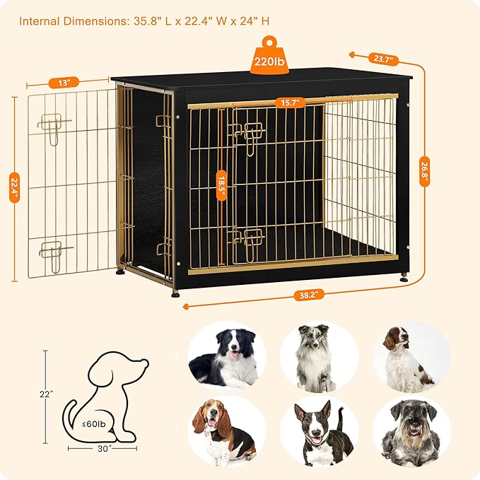 DWANTON Dog Crate Furniture with Cushion, Wooden Kennel Table with Double Doors, Indoor Dog House, Large Size, 38.5" L, Black+Gold-PurrikoPets