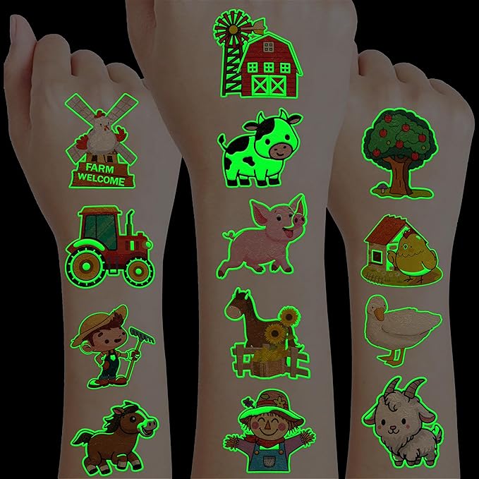 96 PCS Farm Barnyard Animal Glow In The Dark Pre-Cut Temporary Tattoos Sticker 1st First 2nd Birthday Decorations Party Favors Supplies Gift Boy Girl Farmhouse Tattoo School Reward Themed (Luminous)-PurrikoPets