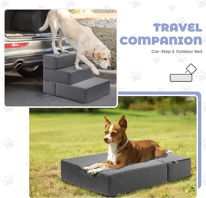 Foldable 18 Inch Wide 3 Step Wide Dog Stairs for Large Dogs, 18 Inch Height Foam Dog Steps for Bed & Couch, Linen Covered Pet Stairs for Dogs to Get on Bed, Outdoor Foam Pet Steps for for Cars & SUV-PurrikoPets