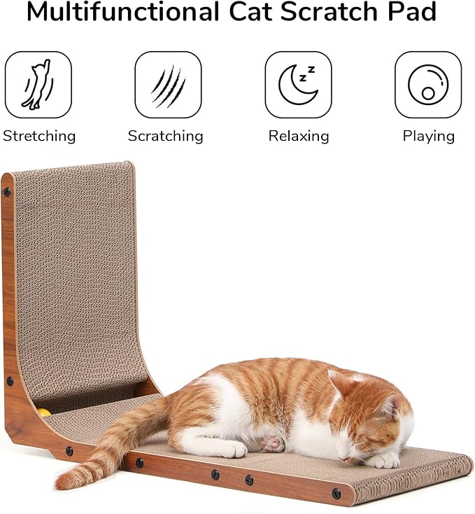 FUKUMARU Cat Scratcher, 26.8 Inch Cat Scratch Pad for Indoor Cats, L Shaped Cardboard Vertical Cats Scratching Board with Ball Toy, Walnut Color, 1 Pack-PurrikoPets